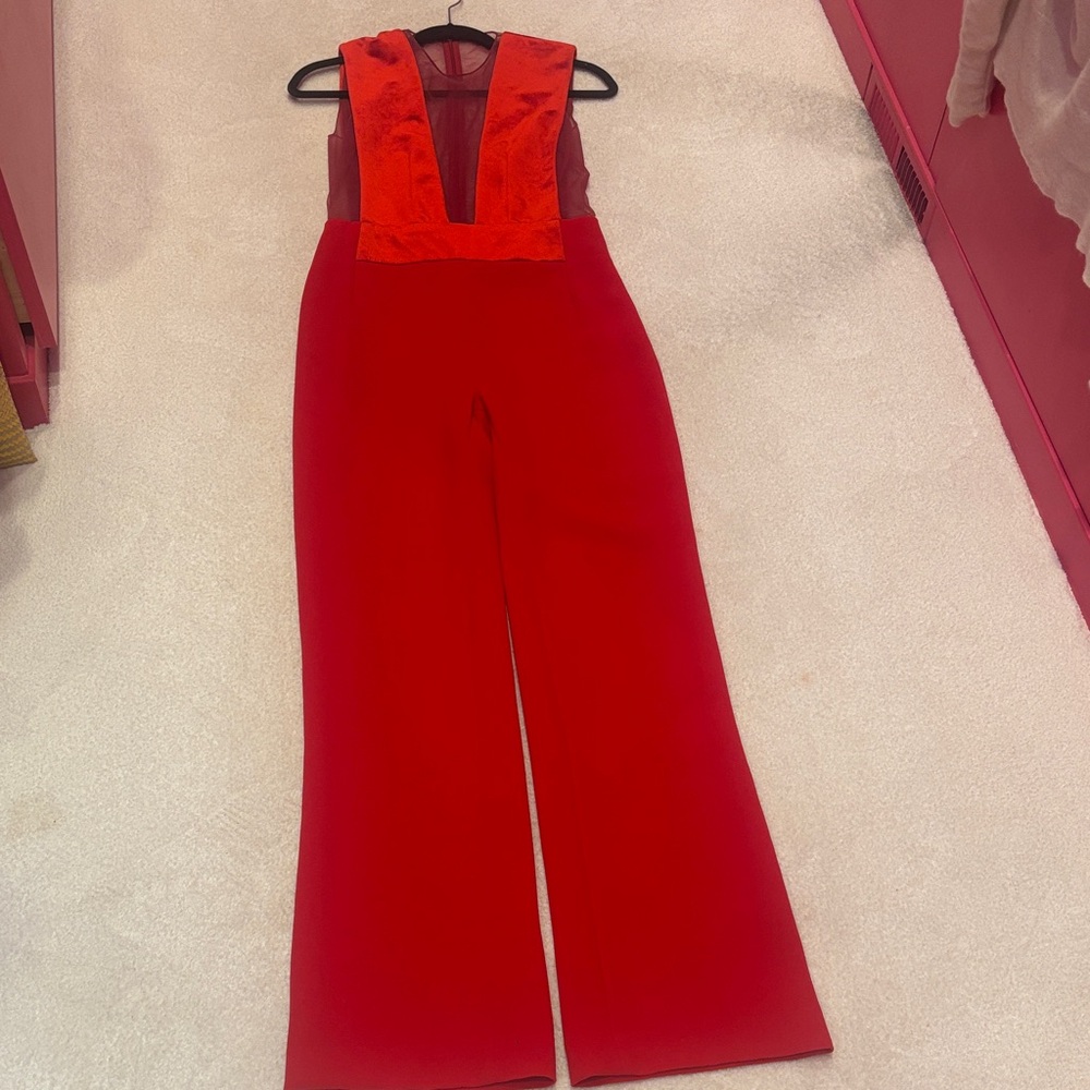 Chic Scarlet Jumpsuit with Lace Detail